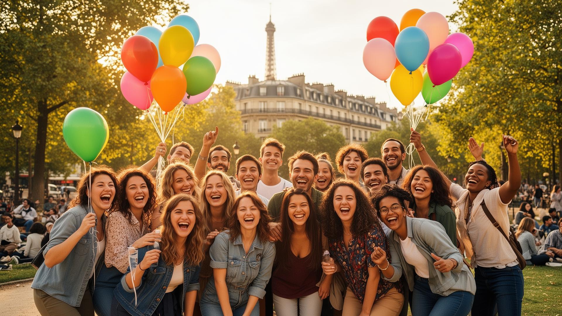 Communauté joyeuse réunie dans un parc parisien, ballons colorés et sourires