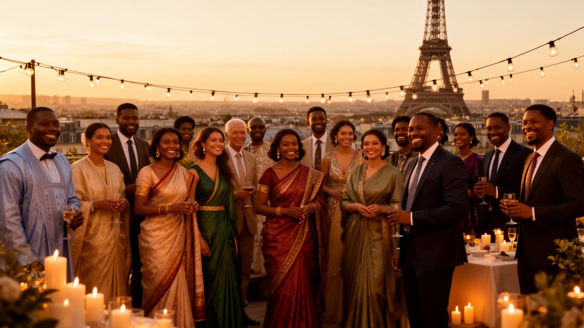 Rassemblement multiculturel élégant sur un rooftop parisien au coucher du soleil