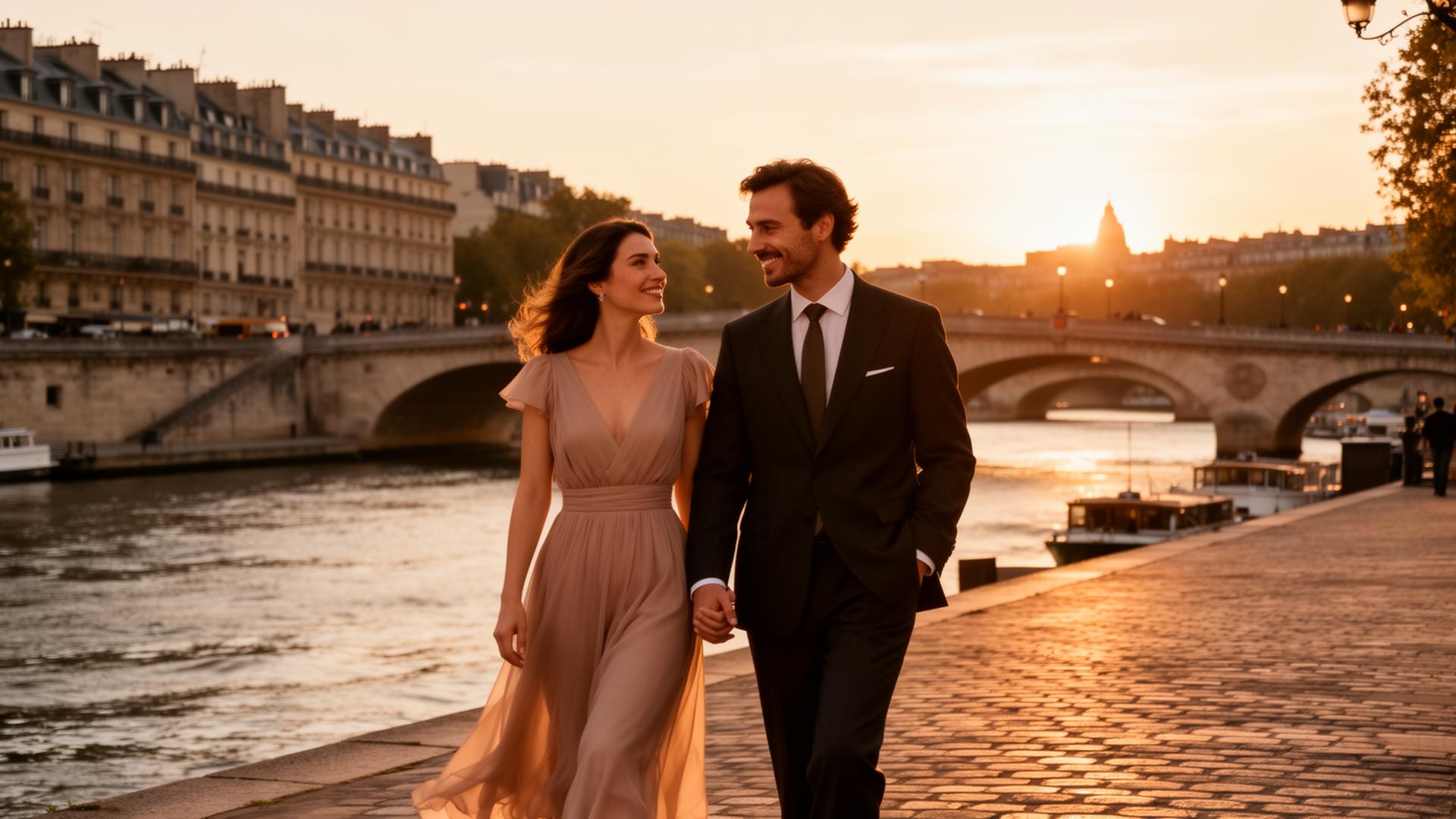 Couple complice se promenant au bord de la Seine au crépuscule