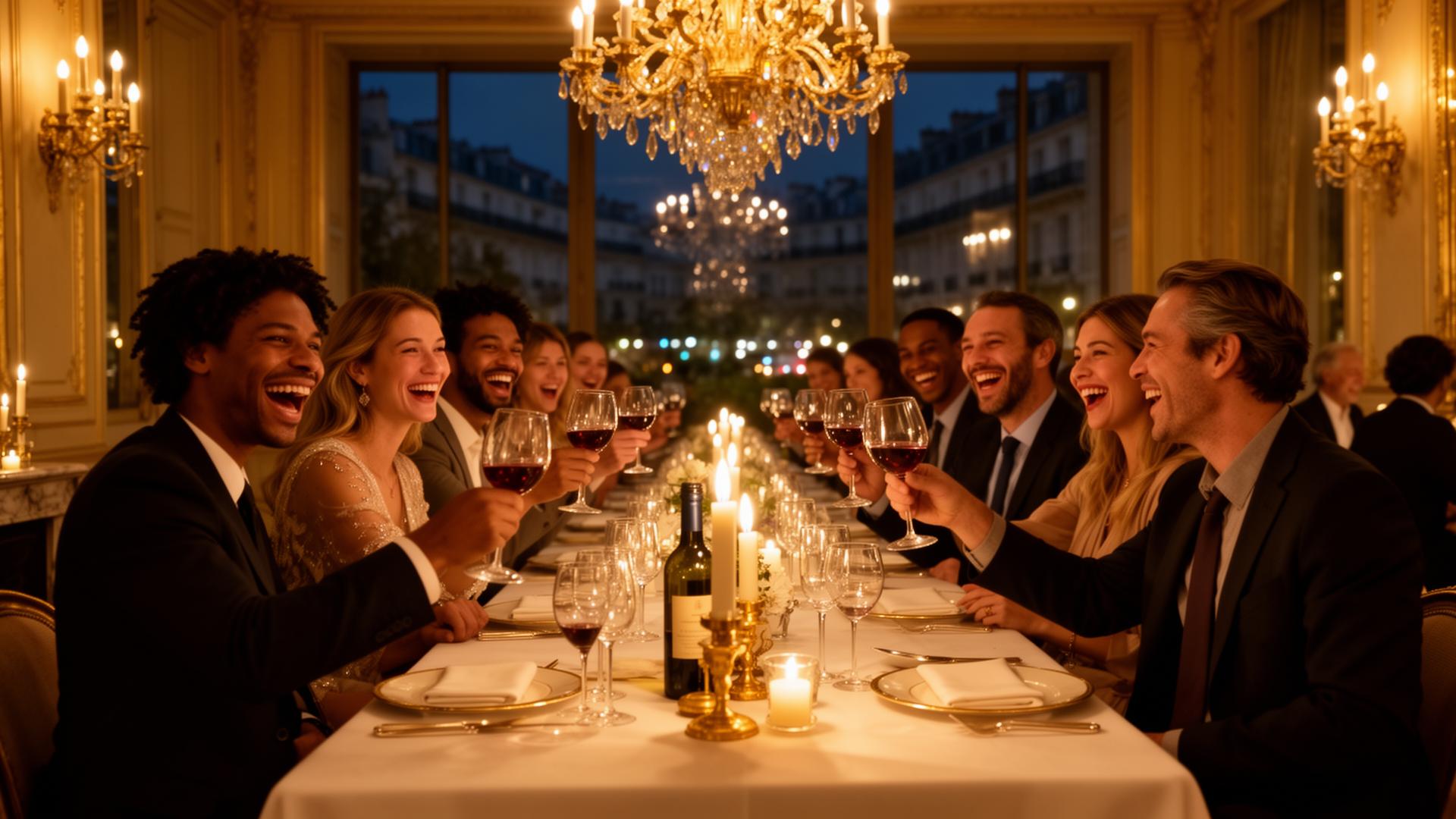 Dîner entre amis dans un grand salon parisien, rires et complicité aux chandelles